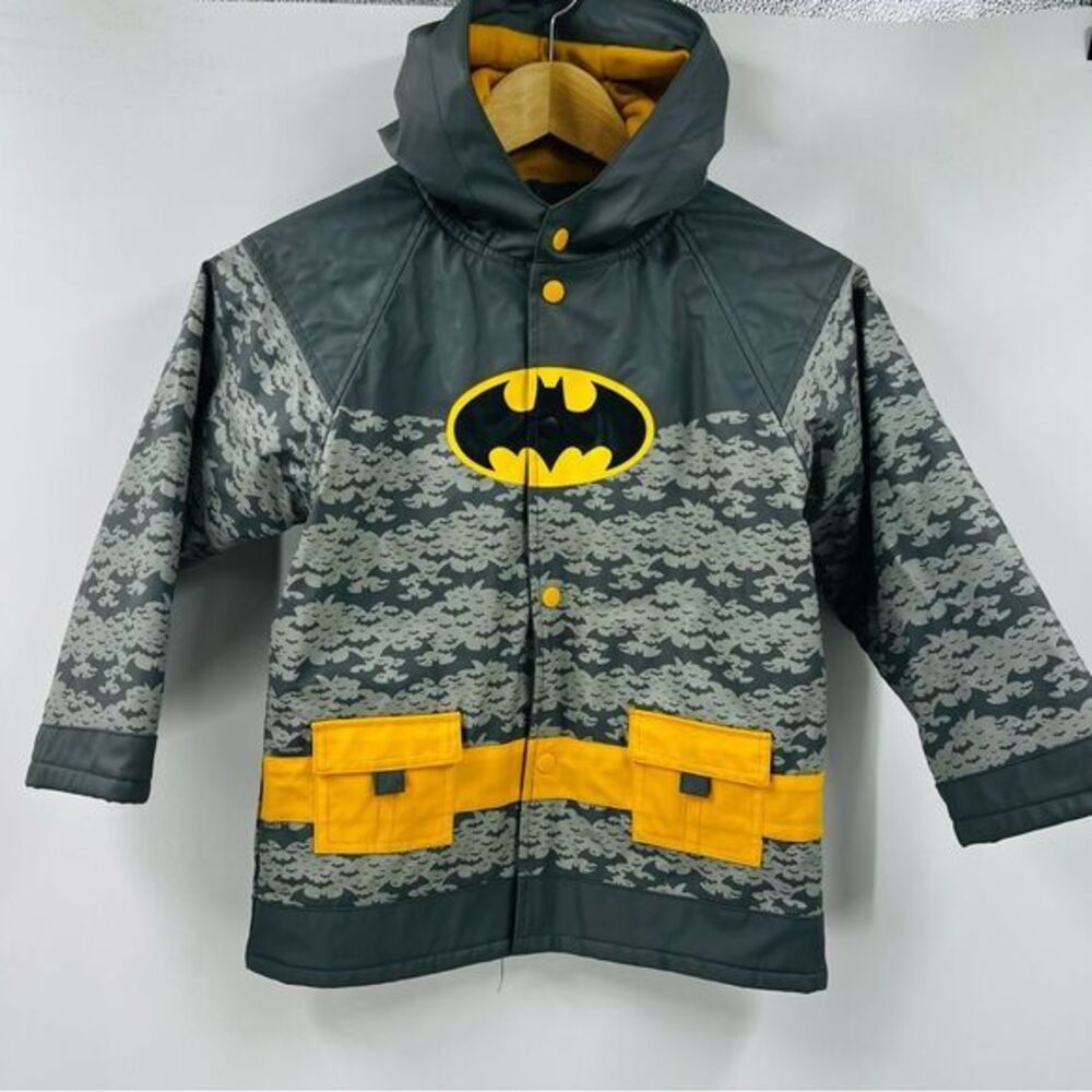 Western Chief Batman Crime Fighter‎ Raincoat Grey Yellow Hooded Rain Jacket Sz 6
